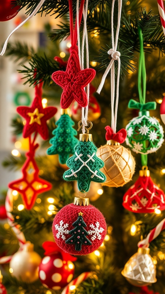 Plastic Canvas Christmas Ornaments Craft Colorful plastic canvas Christmas ornaments in various shapes hanging on a decorated tree.
